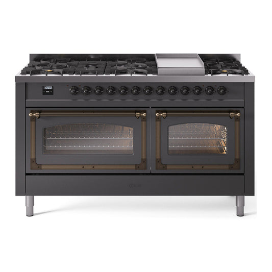ILVE Nostalgie II Noblesse 60" Graphite Matte Dual Fuel Range with 9 Burners and Griddle Triple Glass Door Natural Gas