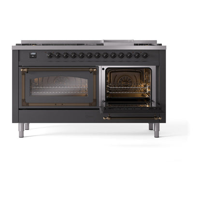 ILVE Nostalgie II Noblesse 60" Graphite Matte Dual Fuel Range with 9 Burners and Griddle Triple Glass Door Natural Gas
