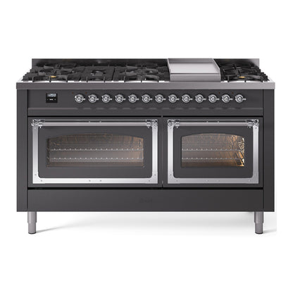 ILVE Nostalgie II Noblesse 60" Graphite Matte Dual Fuel Range with 9 Burners and Griddle Triple Glass Door Liquid Propane