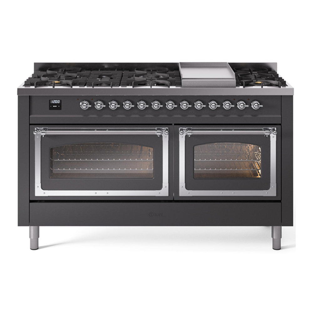 ILVE Nostalgie II Noblesse 60" Graphite Matte Dual Fuel Range with 9 Burners and Griddle Triple Glass Door Natural Gas