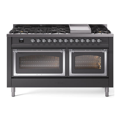 ILVE Nostalgie II Noblesse 60" Graphite Matte Dual Fuel Range with 9 Burners and Griddle Triple Glass Door Natural Gas