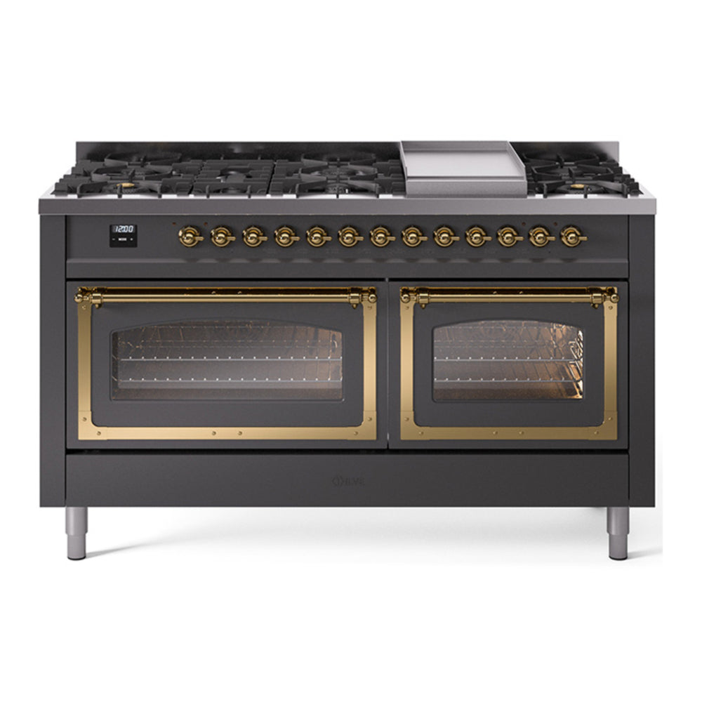 ILVE Nostalgie II Noblesse 60" Graphite Matte Dual Fuel Range with 9 Burners and Griddle Triple Glass Door Natural Gas