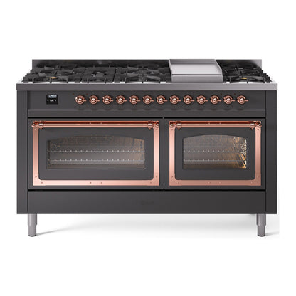 ILVE Nostalgie II Noblesse 60" Graphite Matte Dual Fuel Range with 9 Burners and Griddle Triple Glass Door Liquid Propane