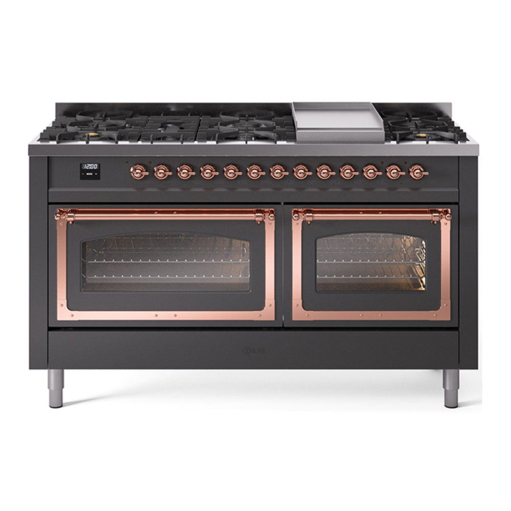 ILVE Nostalgie II Noblesse 60" Graphite Matte Dual Fuel Range with 9 Burners and Griddle Triple Glass Door Natural Gas