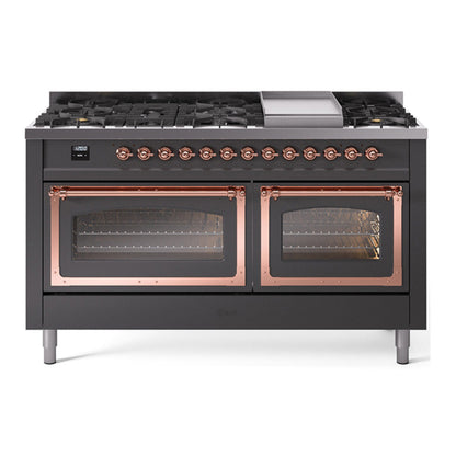 ILVE Nostalgie II Noblesse 60" Graphite Matte Dual Fuel Range with 9 Burners and Griddle Triple Glass Door Natural Gas