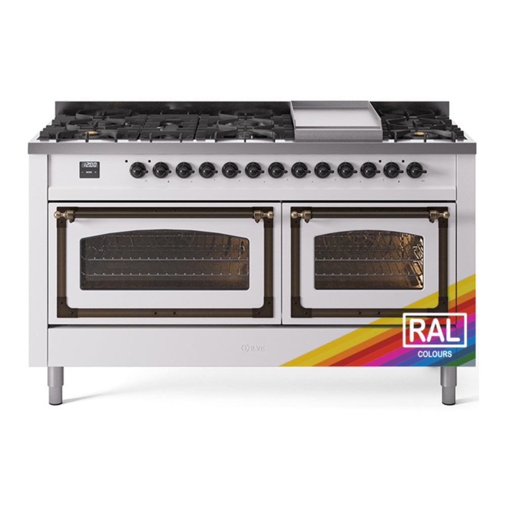 ILVE Nostalgie II Noblesse 60" RAL Dual Fuel Range with 9 Burners and Griddle Triple Glass Door Natural Gas