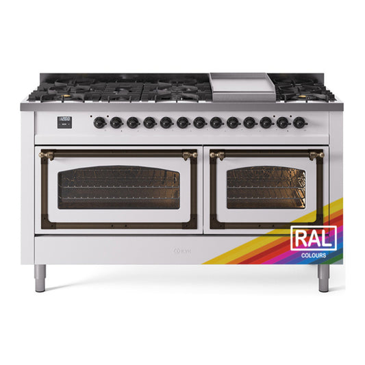 ILVE Nostalgie II Noblesse 60" RAL Dual Fuel Range with 9 Burners and Griddle Triple Glass Door Natural Gas