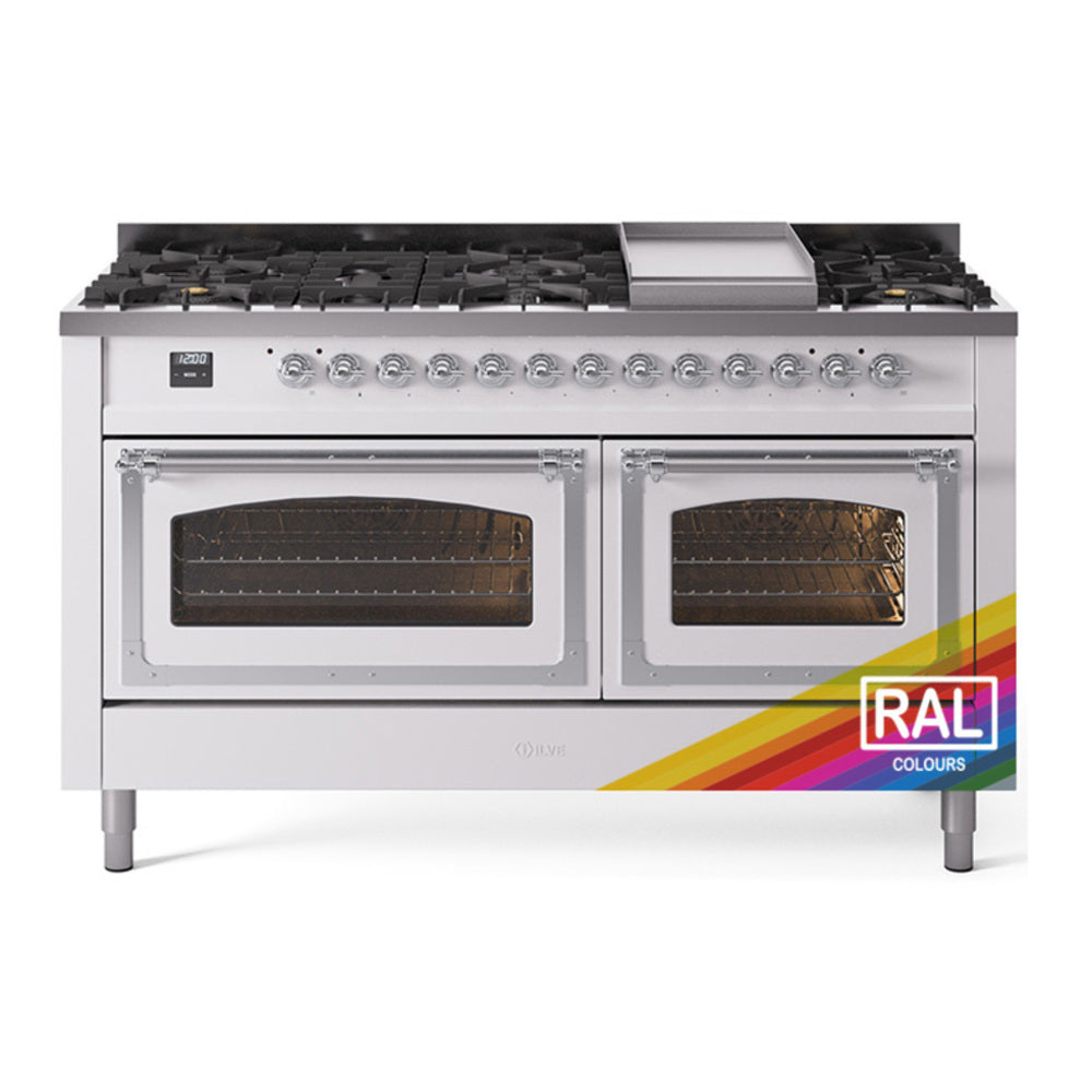 ILVE Nostalgie II Noblesse 60" RAL Dual Fuel Range with 9 Burners and Griddle Triple Glass Door Natural Gas