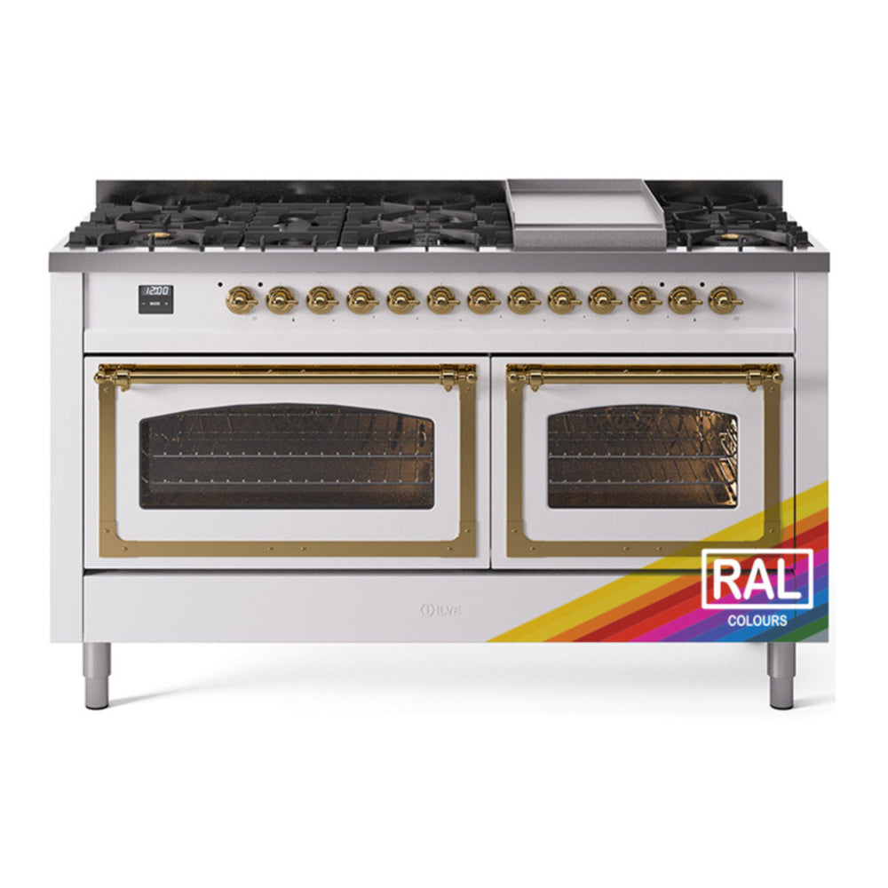 ILVE Nostalgie II Noblesse 60" RAL Dual Fuel Range with 9 Burners and Griddle Triple Glass Door Natural Gas