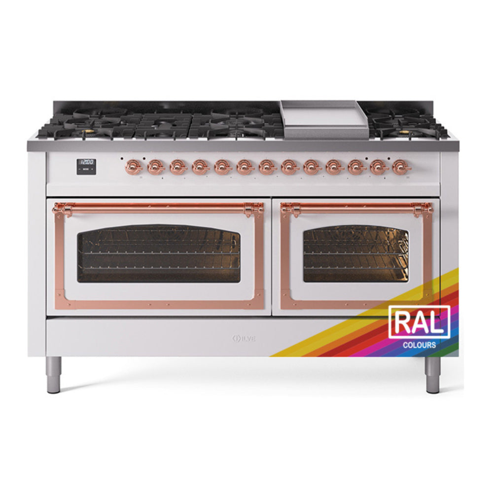 ILVE Nostalgie II Noblesse 60" RAL Dual Fuel Range with 9 Burners and Griddle Triple Glass Door Natural Gas