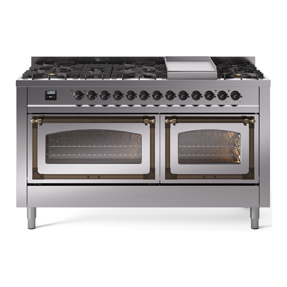 ILVE Nostalgie II Noblesse 60" Stainless Steel Dual Fuel Range with 9 Burners and Griddle Triple Glass Door Natural Gas