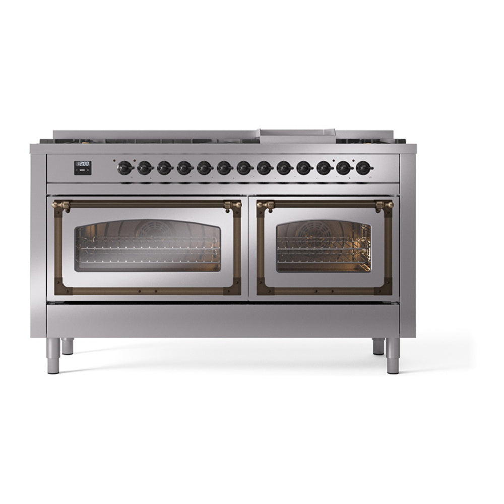 ILVE Nostalgie II Noblesse 60" Stainless Steel Dual Fuel Range with 9 Burners and Griddle Triple Glass Door Natural Gas