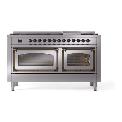 ILVE Nostalgie II Noblesse 60" Stainless Steel Dual Fuel Range with 9 Burners and Griddle Triple Glass Door Natural Gas