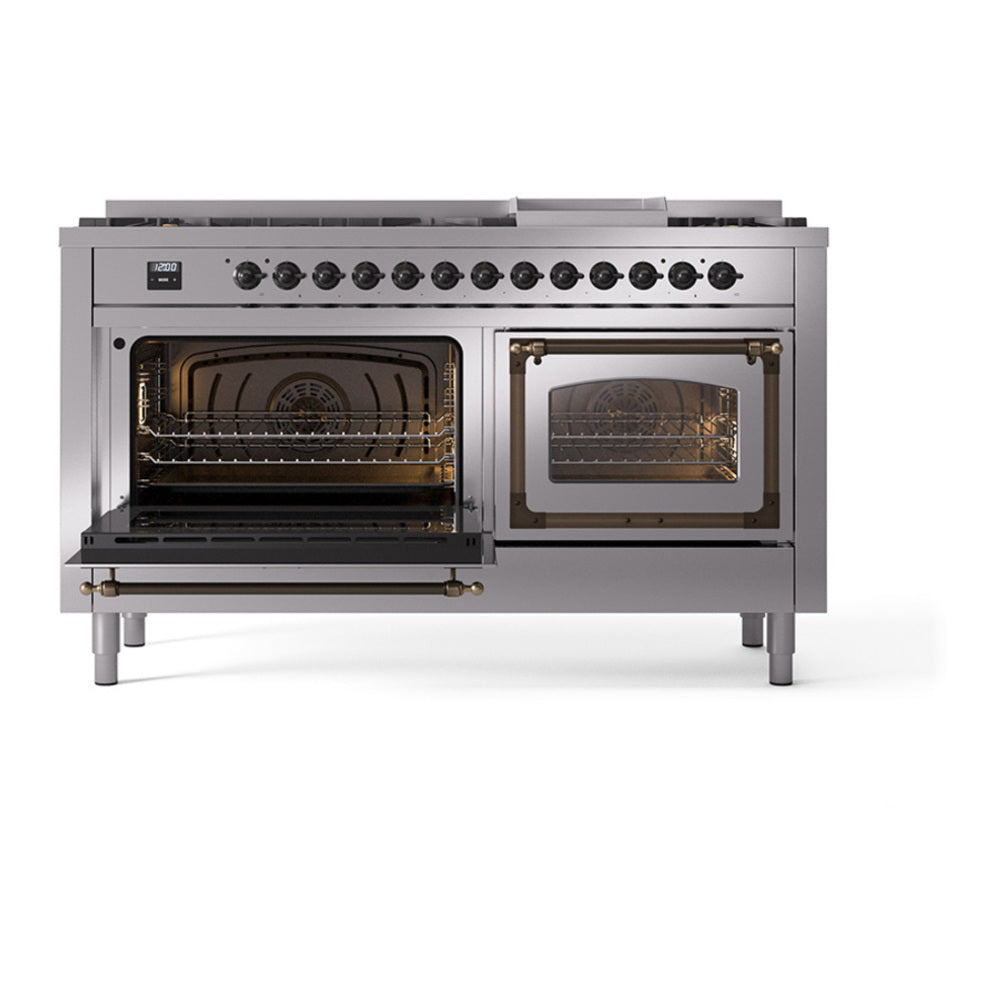 ILVE Nostalgie II Noblesse 60" Stainless Steel Dual Fuel Range with 9 Burners and Griddle Triple Glass Door Natural Gas