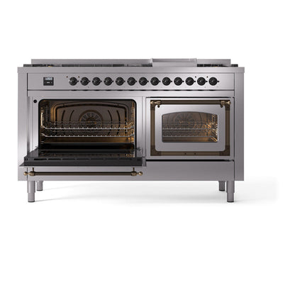 ILVE Nostalgie II Noblesse 60" Stainless Steel Dual Fuel Range with 9 Burners and Griddle Triple Glass Door Natural Gas