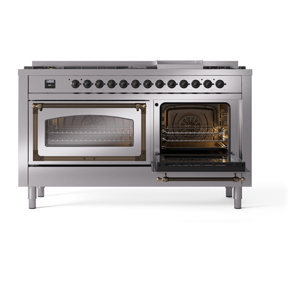 ILVE Nostalgie II Noblesse 60" Stainless Steel Dual Fuel Range with 9 Burners and Griddle Triple Glass Door Natural Gas