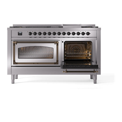 ILVE Nostalgie II Noblesse 60" Stainless Steel Dual Fuel Range with 9 Burners and Griddle Triple Glass Door Natural Gas