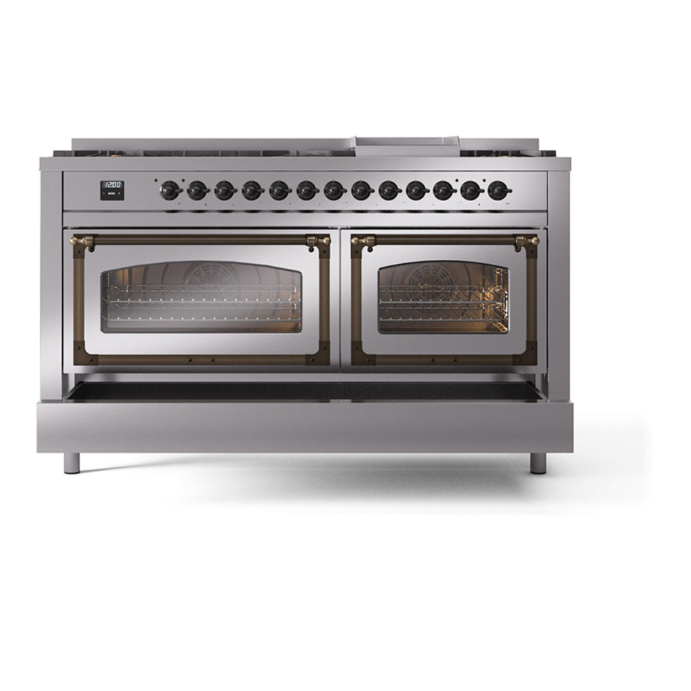 ILVE Nostalgie II Noblesse 60" Stainless Steel Dual Fuel Range with 9 Burners and Griddle Triple Glass Door Natural Gas