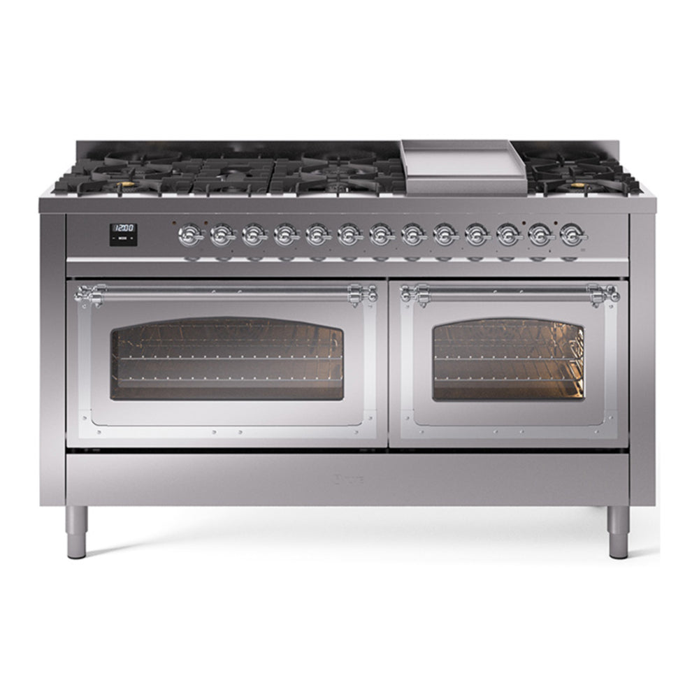 ILVE Nostalgie II Noblesse 60" Stainless Steel Dual Fuel Range with 9 Burners and Griddle Triple Glass Door Natural Gas