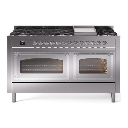 ILVE Nostalgie II Noblesse 60" Stainless Steel Dual Fuel Range with 9 Burners and Griddle Triple Glass Door Natural Gas