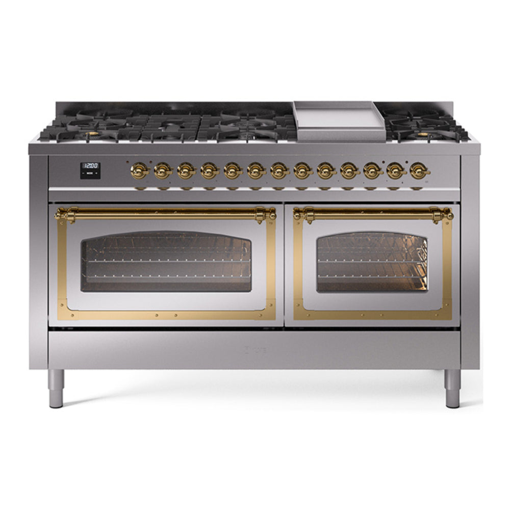 ILVE Nostalgie II Noblesse 60" Stainless Steel Dual Fuel Range with 9 Burners and Griddle Triple Glass Door Natural Gas