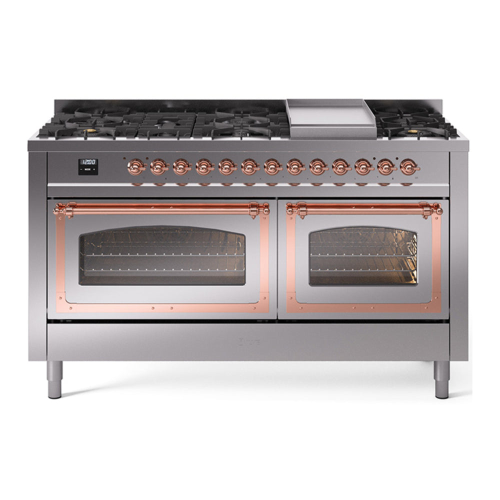 ILVE Nostalgie II Noblesse 60" Stainless Steel Dual Fuel Range with 9 Burners and Griddle Triple Glass Door Natural Gas
