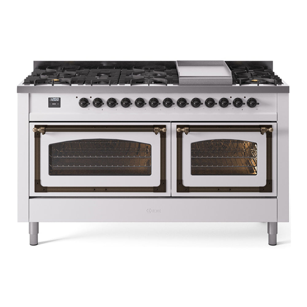 ILVE Nostalgie II Noblesse 60" White Dual Fuel Range with 9 Burners and Griddle Triple Glass Door Natural Gas