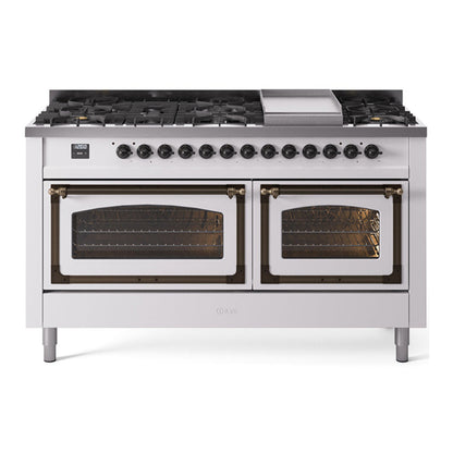 ILVE Nostalgie II Noblesse 60" White Dual Fuel Range with 9 Burners and Griddle Triple Glass Door Natural Gas