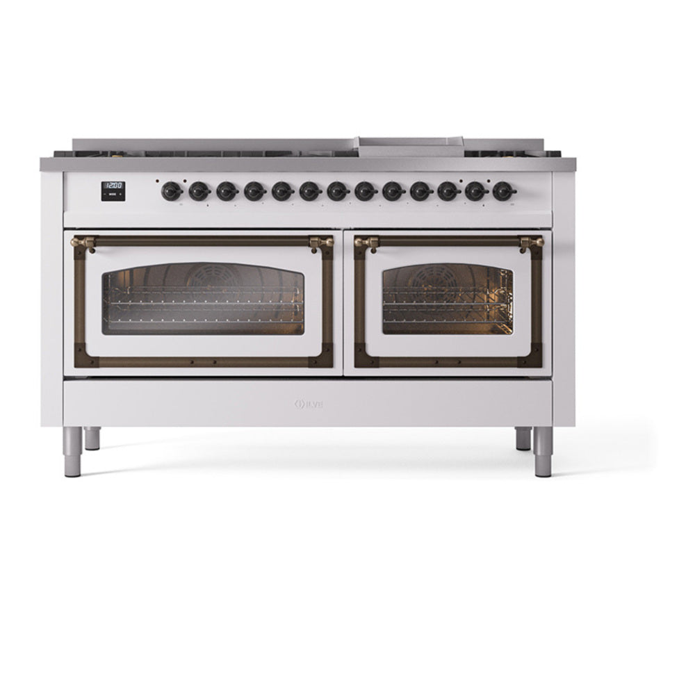ILVE Nostalgie II Noblesse 60" White Dual Fuel Range with 9 Burners and Griddle Triple Glass Door Natural Gas
