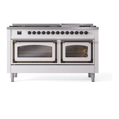 ILVE Nostalgie II Noblesse 60" White Dual Fuel Range with 9 Burners and Griddle Triple Glass Door Natural Gas