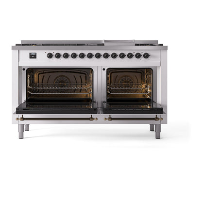 ILVE Nostalgie II Noblesse 60" White Dual Fuel Range with 9 Burners and Griddle Triple Glass Door Natural Gas