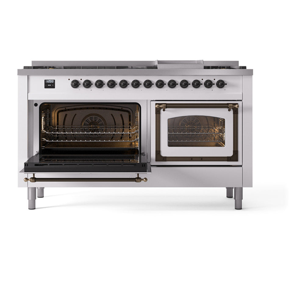 ILVE Nostalgie II Noblesse 60" White Dual Fuel Range with 9 Burners and Griddle Triple Glass Door Natural Gas