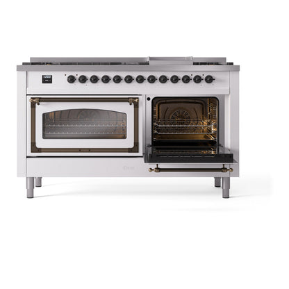 ILVE Nostalgie II Noblesse 60" White Dual Fuel Range with 9 Burners and Griddle Triple Glass Door Natural Gas