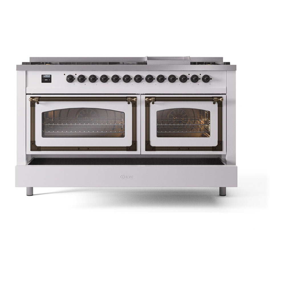 ILVE Nostalgie II Noblesse 60" White Dual Fuel Range with 9 Burners and Griddle Triple Glass Door Natural Gas