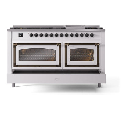 ILVE Nostalgie II Noblesse 60" White Dual Fuel Range with 9 Burners and Griddle Triple Glass Door Natural Gas