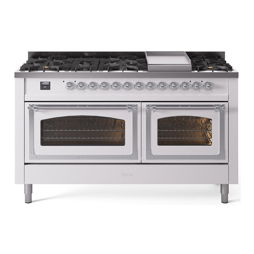ILVE Nostalgie II Noblesse 60" White Dual Fuel Range with 9 Burners and Griddle Triple Glass Door Natural Gas