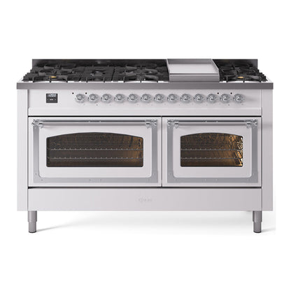 ILVE Nostalgie II Noblesse 60" White Dual Fuel Range with 9 Burners and Griddle Triple Glass Door Natural Gas