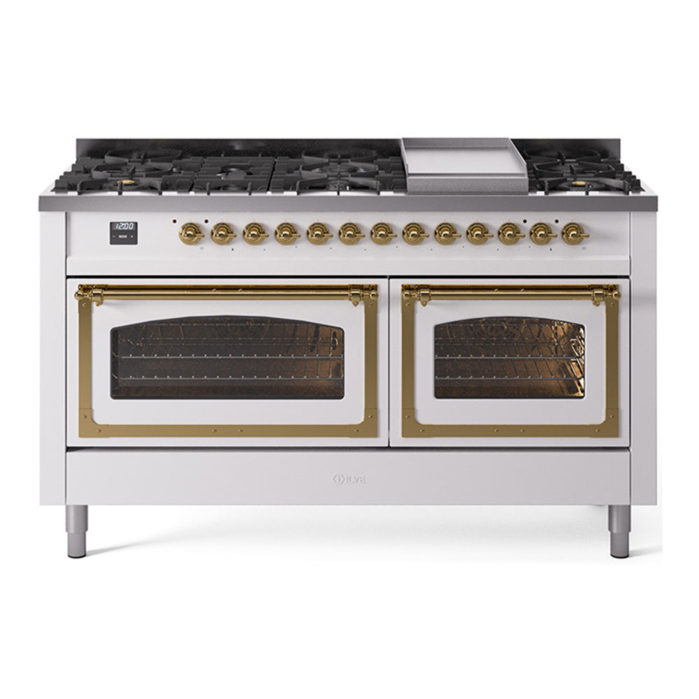 ILVE Nostalgie II Noblesse 60" White Dual Fuel Range with 9 Burners and Griddle Triple Glass Door Natural Gas