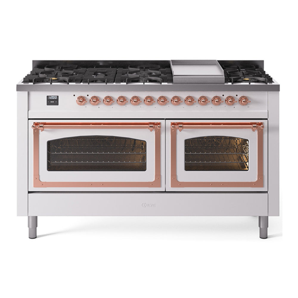 ILVE Nostalgie II Noblesse 60" White Dual Fuel Range with 9 Burners and Griddle Triple Glass Door Natural Gas