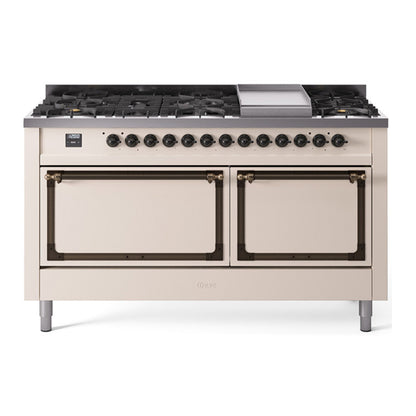 ILVE Nostalgie II Noblesse 60" Antique White Dual Fuel Range with 9 Burners and Griddle Solid Door Liquid Propane