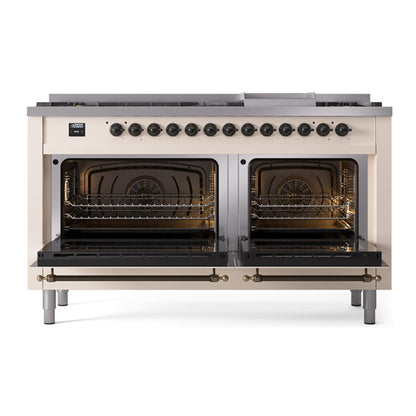 ILVE Nostalgie II Noblesse 60" Antique White Dual Fuel Range with 9 Burners and Griddle Solid Door Liquid Propane