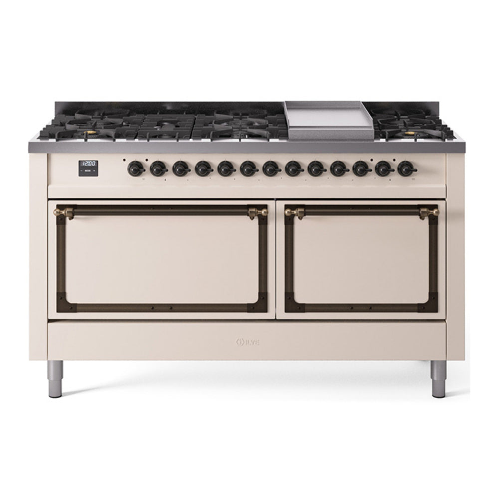ILVE Nostalgie II Noblesse 60" Antique White Dual Fuel Range with 9 Burners and Griddle Solid Door Natural Gas