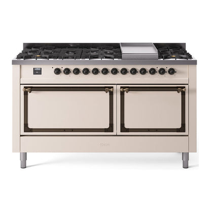 ILVE Nostalgie II Noblesse 60" Antique White Dual Fuel Range with 9 Burners and Griddle Solid Door Natural Gas