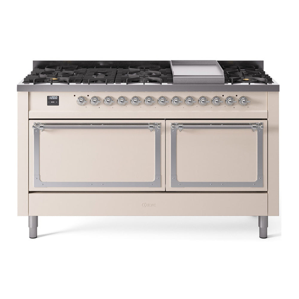 ILVE Nostalgie II Noblesse 60" Antique White Dual Fuel Range with 9 Burners and Griddle Solid Door Natural Gas