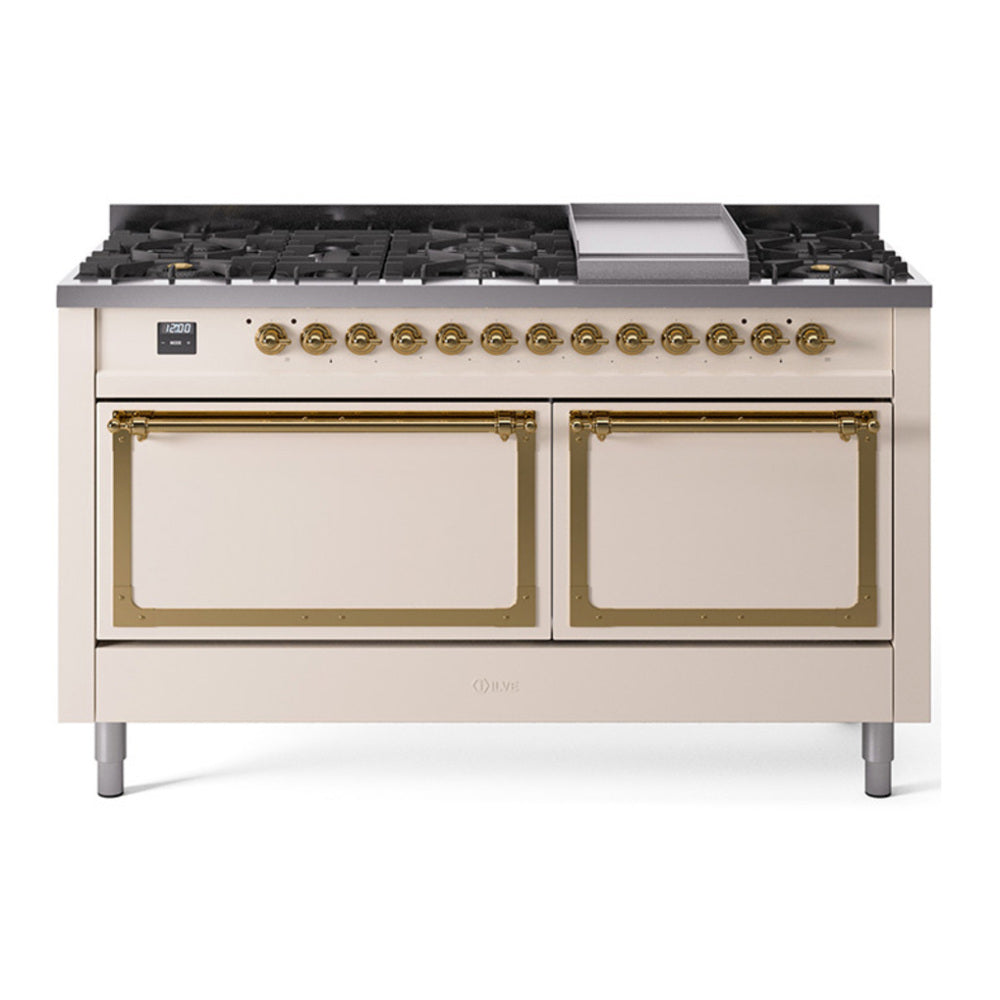 ILVE Nostalgie II Noblesse 60" Antique White Dual Fuel Range with 9 Burners and Griddle Solid Door Natural Gas