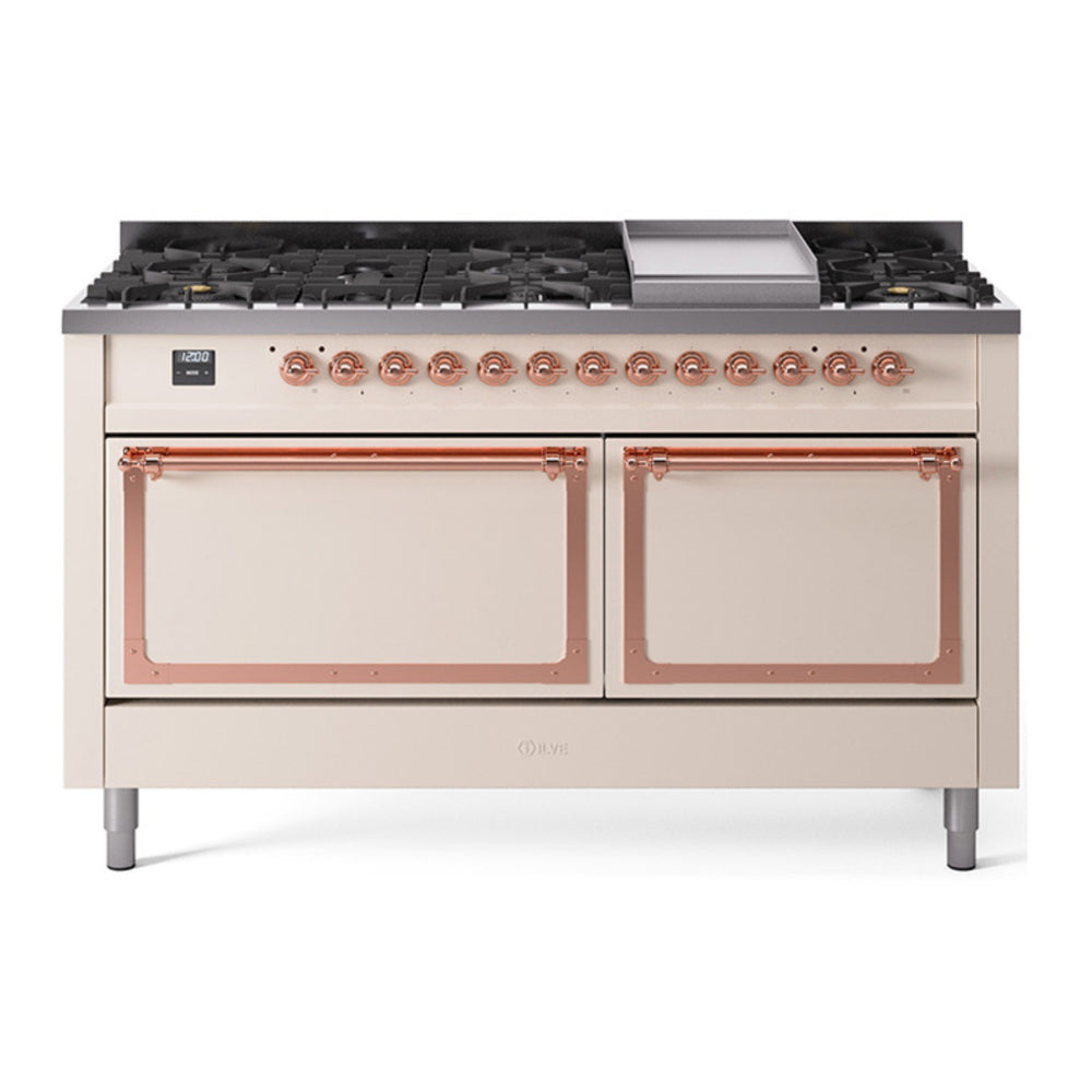ILVE Nostalgie II Noblesse 60" Antique White Dual Fuel Range with 9 Burners and Griddle Solid Door Natural Gas
