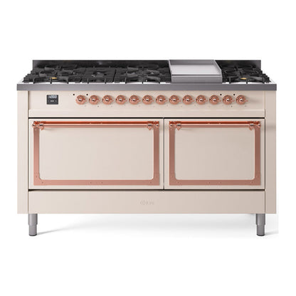 ILVE Nostalgie II Noblesse 60" Antique White Dual Fuel Range with 9 Burners and Griddle Solid Door Natural Gas