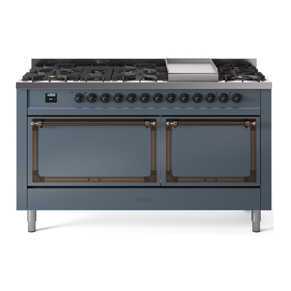 ILVE Nostalgie II Noblesse 60" Blue Grey Dual Fuel Range with 9 Burners and Griddle Solid Door Natural Gas