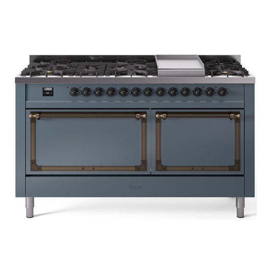 ILVE Nostalgie II Noblesse 60" Blue Grey Dual Fuel Range with 9 Burners and Griddle Solid Door Natural Gas