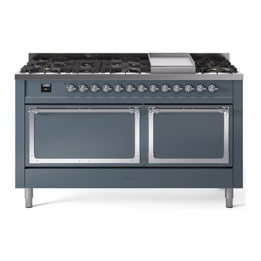 ILVE Nostalgie II Noblesse 60" Blue Grey Dual Fuel Range with 9 Burners and Griddle Solid Door Natural Gas